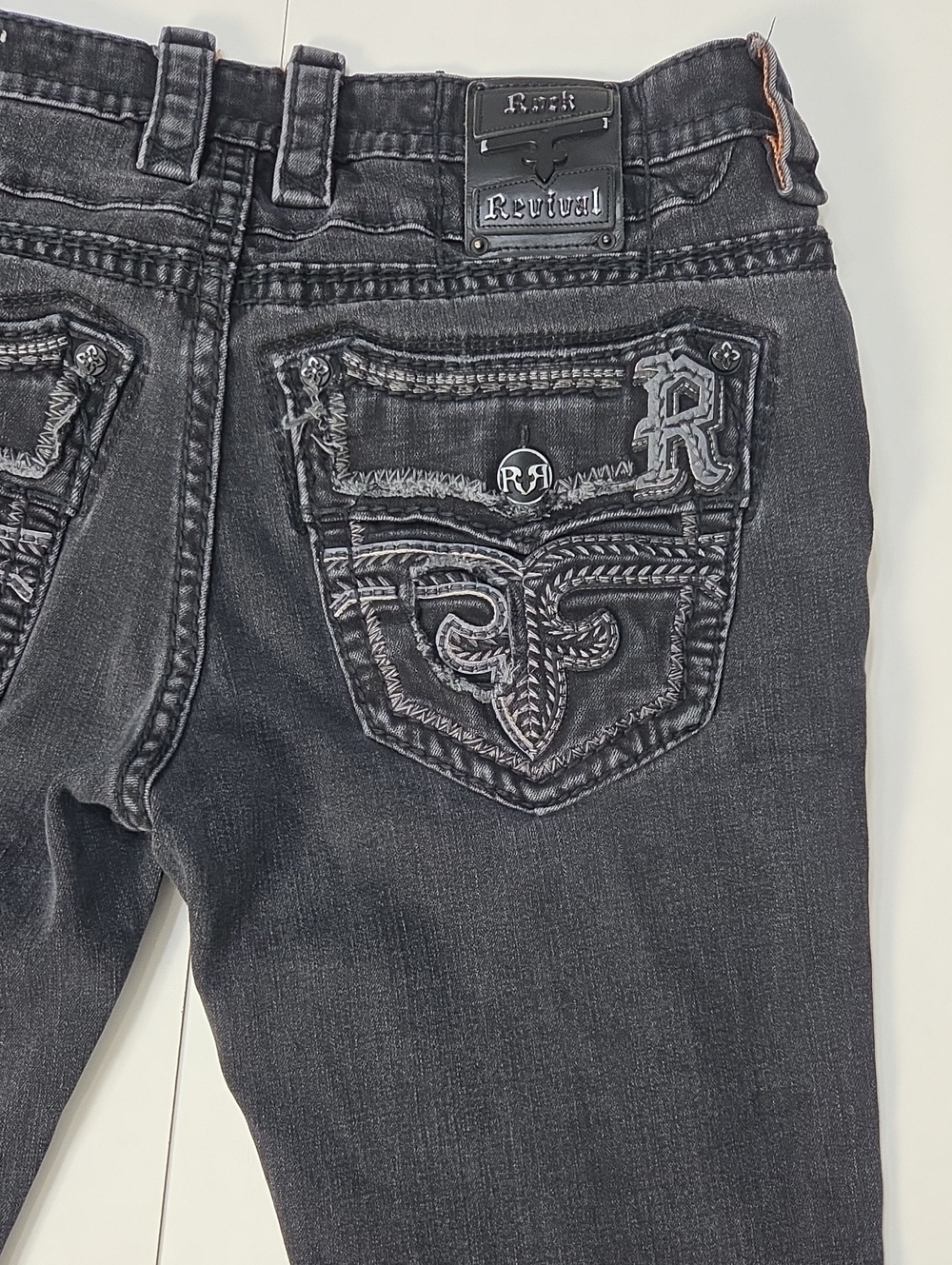 Rock Revival Ervine Black Straight Leg Jeans with Embroidered Back Pockets 36